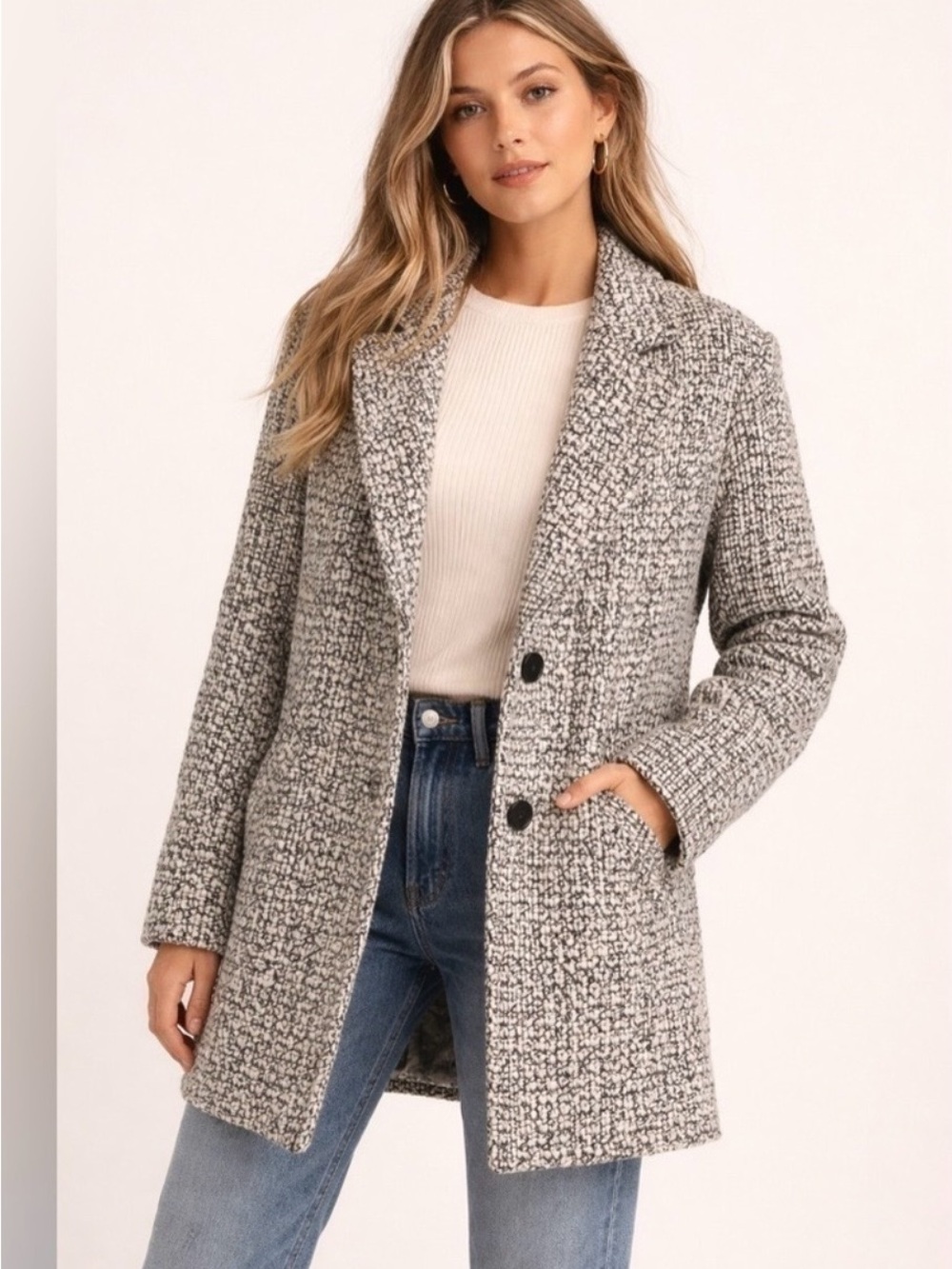 Abercrombie & Fitch Wool Blend Boucle Coat Black White Textured
Jacket XL